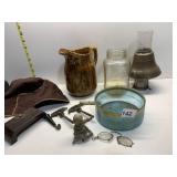 VINTAGE GLASSES, OIL LAMP TOP, ETC.