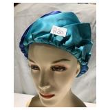 BLUE/TURQUOISE SATIN HAT AND FLOWER W/ RHINESTONE