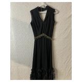 FULL LENGTH BLACK DRESS V NECK WITH GOLD BRAID