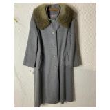 LADIES BLUE GRAY WOOL/ NYLON BLEND COAT WITH FUR
