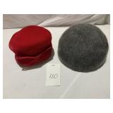 RED VELOUR PILLBOX HAT AND GRAY SOFT WOOL CAP HAT