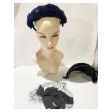THREE CAPULET LADIES HATS BLACK VELVET BLUE