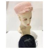 BLACK VELVET PILLBOX HAT AND PINK STRAW HAT WITH