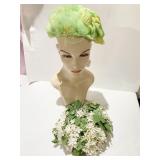 WHITE FLORAL PILLBOX HAT AND GREEN CAPULET HAT