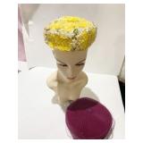 YELLOW FLORAL PILLBOX HAT AND MAROON VELVET