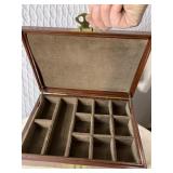 WOOD BOX WITH ORIENTAL DESIGN ON LID SECTIONED
