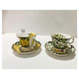 TWO CUP AND SAUCERS SETS BLACK WITH FLOWERS GOLD