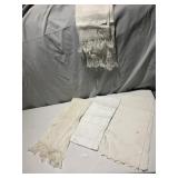 DAMASK WASH STAND TOWELS AND FRINGED TABLECLOTH