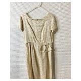 1960S EMBROIDERED TAUPE DRESS WITH BOW AT WAIST