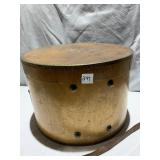 WOOD METAL BANDED HAT BOX, LEATHER STRAP BROKEN