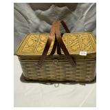 TIN PICNIC BASKET W/ WOOD HANDLES