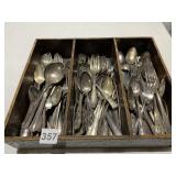 WOOD 3 SECTION BOX FILLED W/ SILVERPLATE FLATWARE
