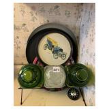 GREEN AND CLEAR GLASS CANISTER SET IN HOLDER,