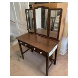 ANTIQUE VANITY WITH TRI PANEL MIRROR AND 3