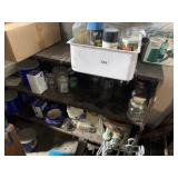 CONTENTS OF SHELF, CANNING JARS, TIN, BUD VASES,