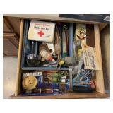 JUNK DRAWER INCLUDING TONGS, COOKIE CUTTERS,