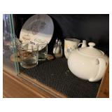 TEA POT, LENOX MUG, GLASSES, PEAR, ETC.