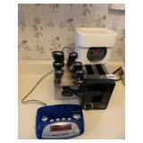 TOASTER, FOOD SCALE, ALARM CLOCK, KNIVES IN BLOCK