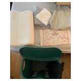 PILLOW, SHEETS, LAUNDRY BASKET