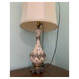 LIGHT PINK GLASS LAMP WITH GOLD DETAIL AND METAL