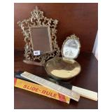 VINTAGE PICTURE FRAMES, SLIDE RULER, ETC.