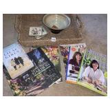 BASKET, POTTERY BOWL, GARDENING BOOKS & COOKING