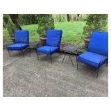 3 WROUGHT IRON OUTDOOR CHAIRS WITH CUSHIONS & 2