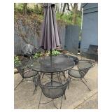 WROUGHT IRON OUTDOOR TABLE WITH UMBRELLA & FOUR