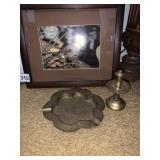 BRASS CANDLE HOLDER, ASHTRAY, BIRD PICTURE