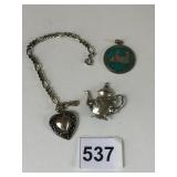 SILVER 925 TEAPOT PIN PENDANT HEART BRACELET