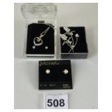 SILVER TONE OPEN HEART PENDANT NECKLACE AND STUD