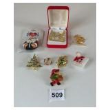 GROUP OF CHRISTMAS THEME PINS SANTA RHINESTONE