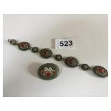 SILVER 925 PIN AND BRACELET WITH FLORAL INLAY