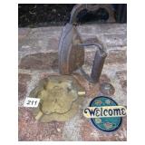 BRASS ASHTRAY, VINTAGE IRON, WELCOME SIGN