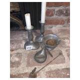 PEWTER CANDLE STICKS, BOWL, MEASURE SPOON, CANDLE