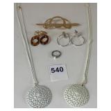 TWO WHITE METAL MEDALLION NECKLACES SILVER TONE