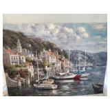 PAINTING OF HARBOR AND BOATS ON CANVAS, SIGNED AS