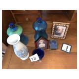 BLUE GLASS CANDLE GLOBES, BUD VASE, MINI FRAMES