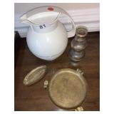 CARAFE AND BRASS ASHTRAYS, BRASS LAMP PART?