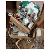 SEWING CABINET, THREAD, ETC.