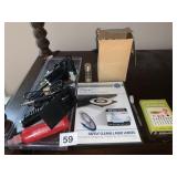 BOX OF NAILS, MICROPHONES, RECORD ACCESSORIES,