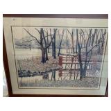 FRAMED PARK SCENE TITLED "RED BRIDGE", SIGNED