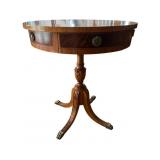 WOOD CARVED DRUM TABLE WITH BRASS CLAW FEET AND