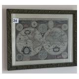 16X12.5 FRAMED OLD WORLD MAP LITHOGRAPH