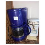 BLUE COFFEE MAKER AND COFFEE CONTAINER