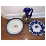 HAND PAINTED BLUE GLASS PITCHER, BLUE FLOW PLATE,