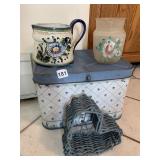 BREAD BOX, ANTIQUE PITCHERS, HEART BASKET