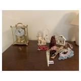 CLOCK, ROSARY BEADS, FIGURES,