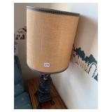 ANTIQUE PARLOR STOVE LAMP BURLAP SHADE