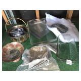 BRASS FOOTED DISH AND BOWL, PYREX DISHES